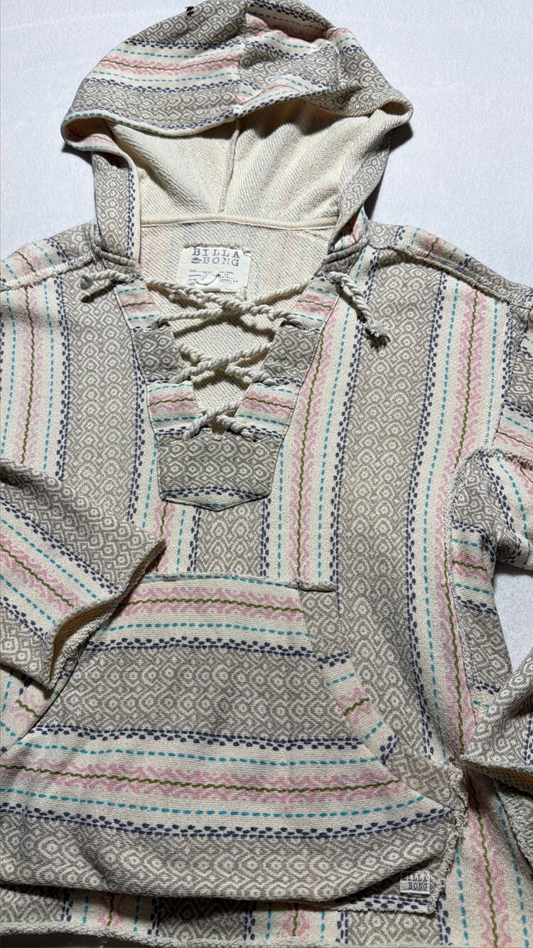 Billabong Small Striped Hoodie Lace-Up V-Neck Cotton Blend